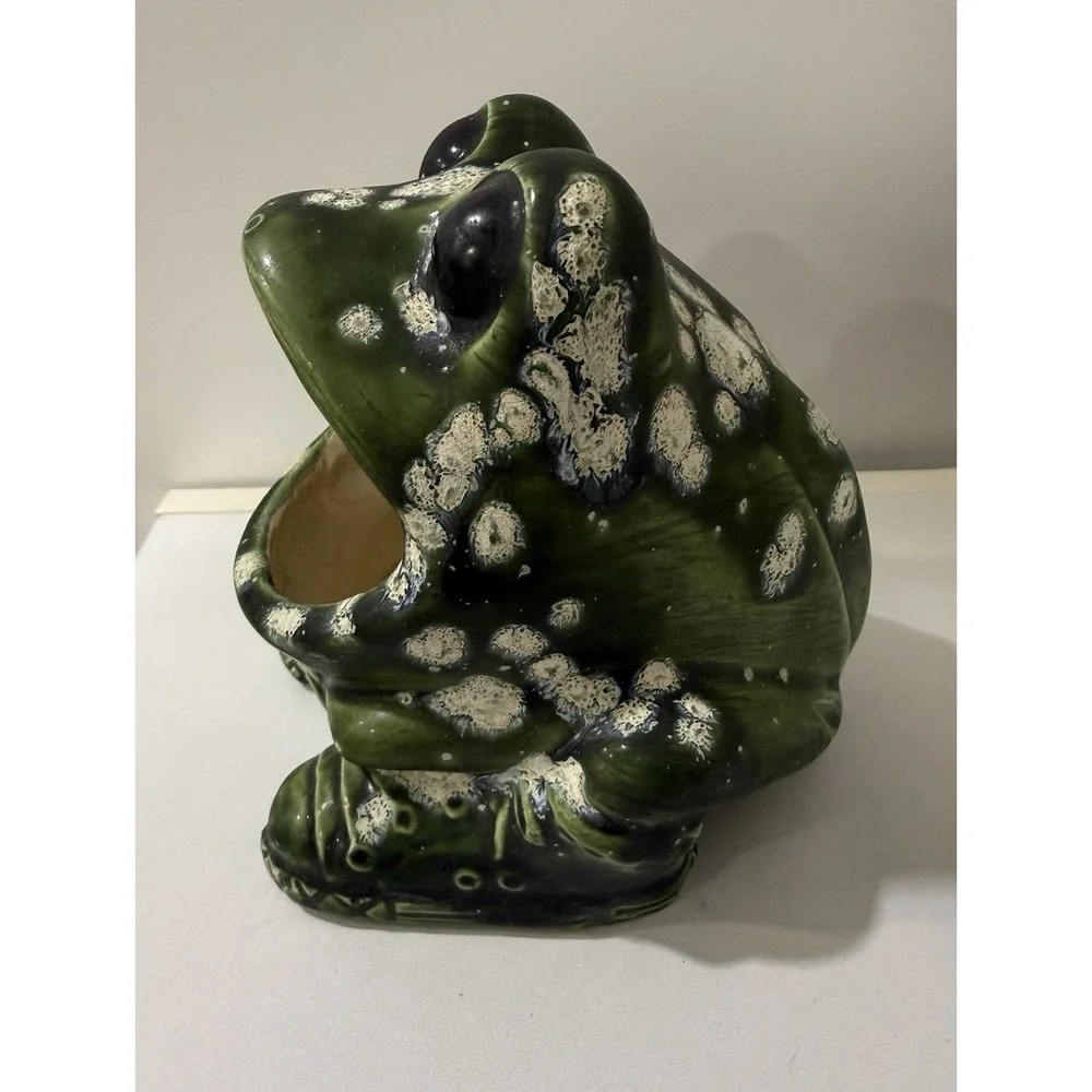 Vintage 1970s Handmade Ceramic Green Speckled Frog Kitchen Sponge Holder